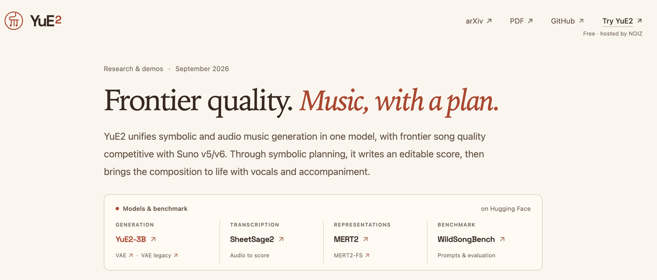 Homepage for the new AI model, showcasing how yue2 for video creates high-quality music with a plan.