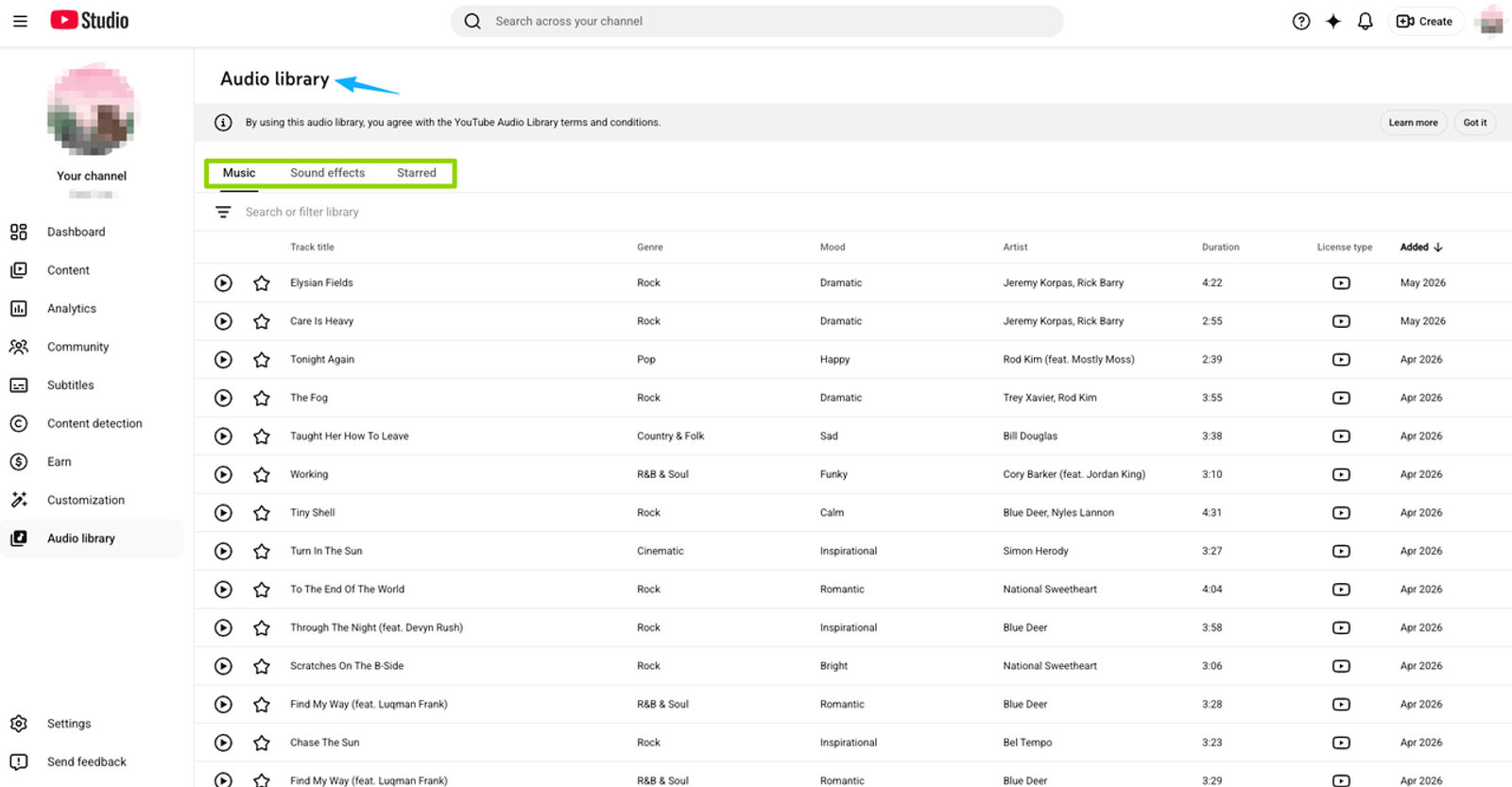 Browse the YouTube Studio audio library to find free tracks when you need to add music to video online for your channel.