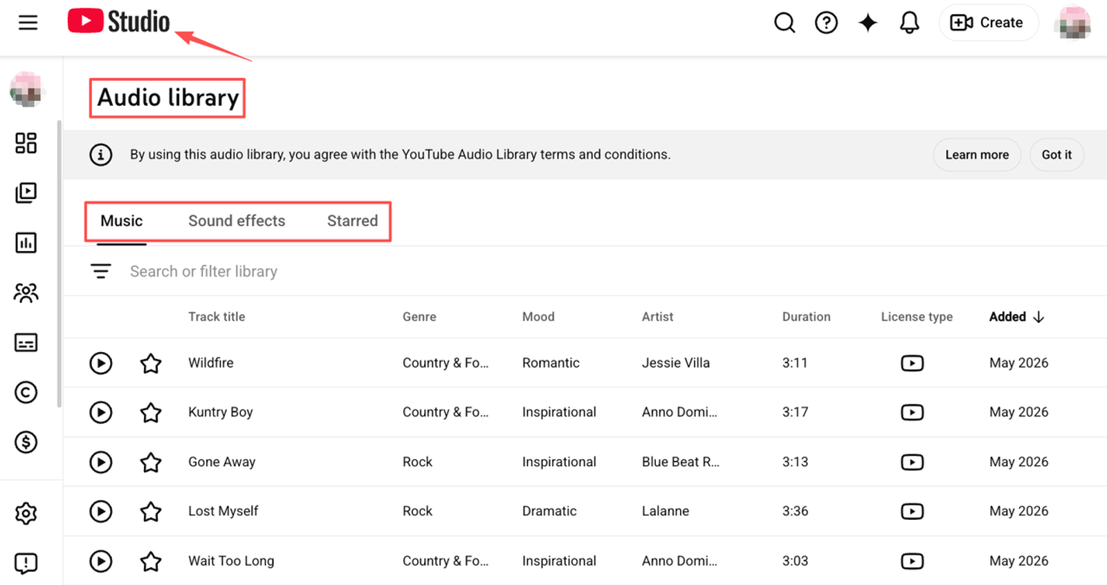 YouTube Studio Audio Library interface. Discover how to add music to my video with thousands of licensed tracks for creators and YouTubers.