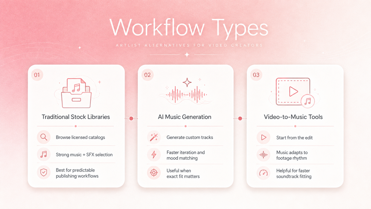 Visual overview outlining three video creator audio workflows: Traditional Stock Libraries, AI Music Generation, and Video-to-Music Tools.
