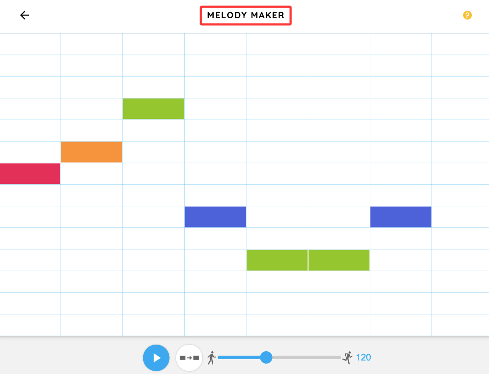 A simple grid interface showing colored music blocks used as a random melody generator for creating quick musical tunes.