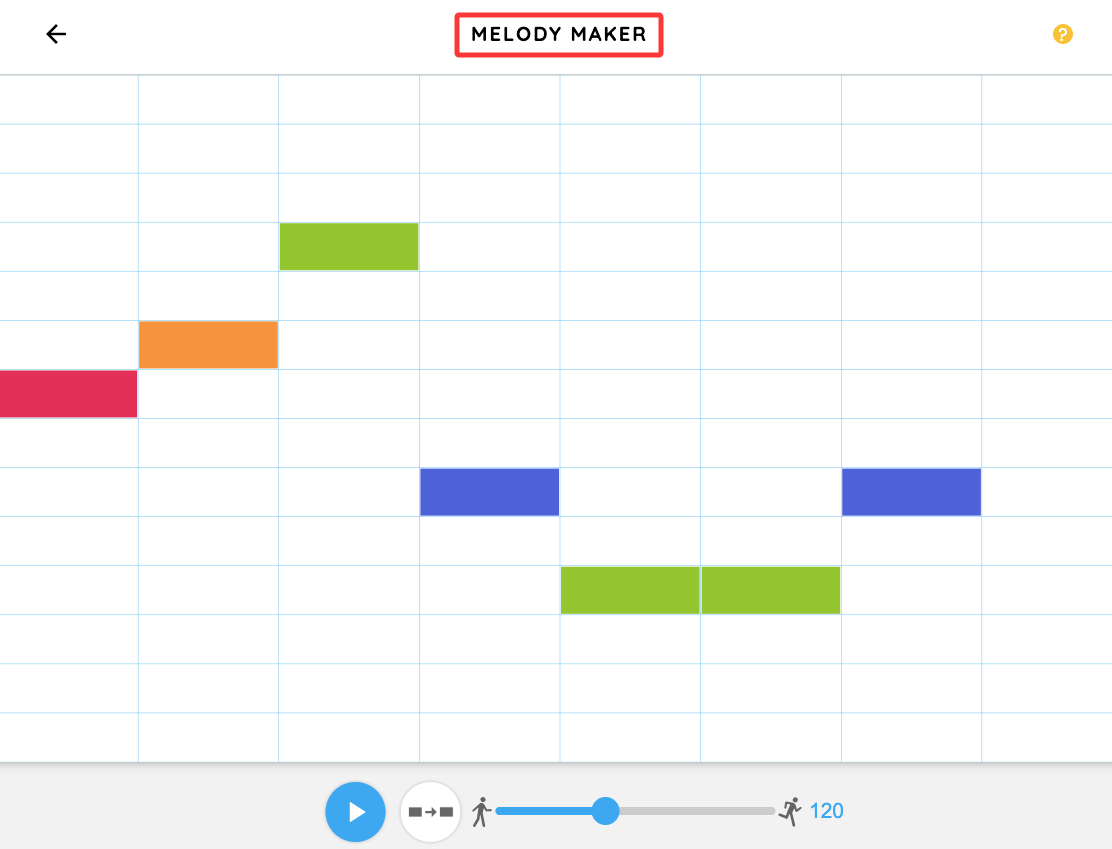A simple grid interface showing colored music blocks used as a random melody generator for creating quick musical tunes.