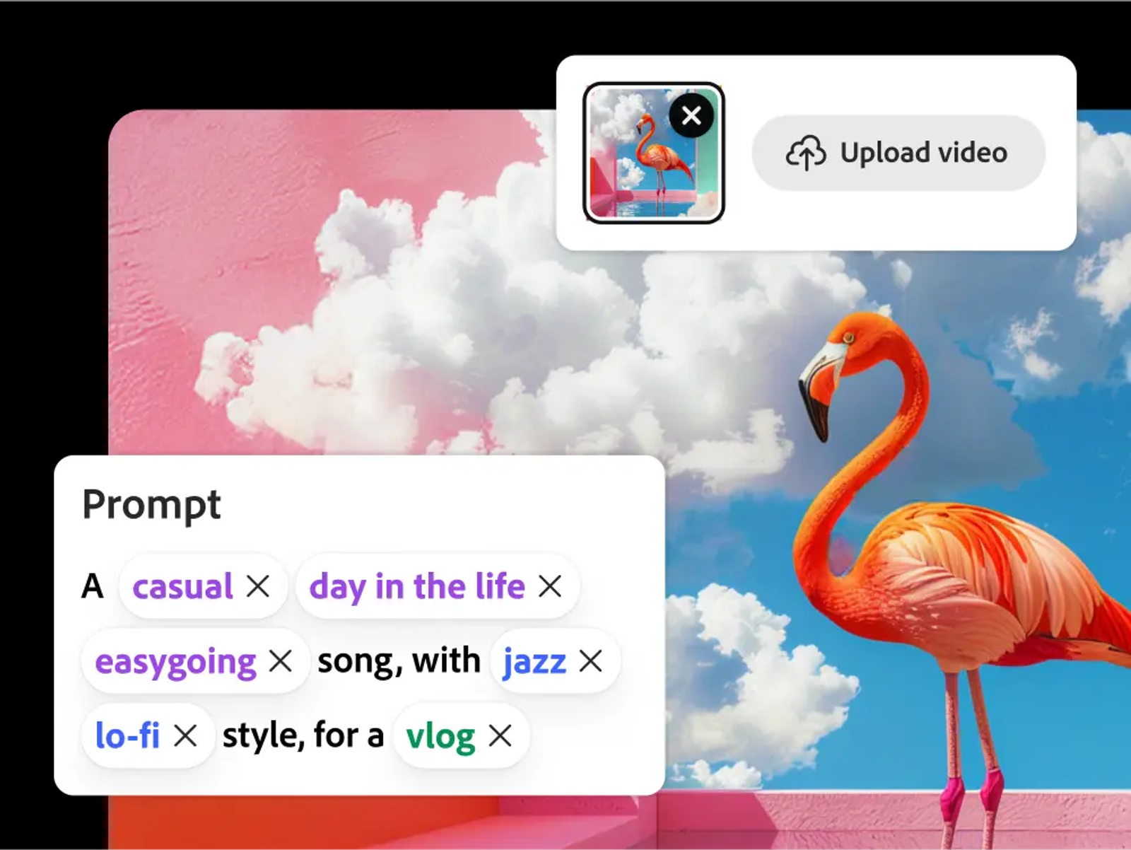 A text prompt interface for a video soundtrack generator creating a casual, jazz lo-fi song for a vlog featuring a flamingo.