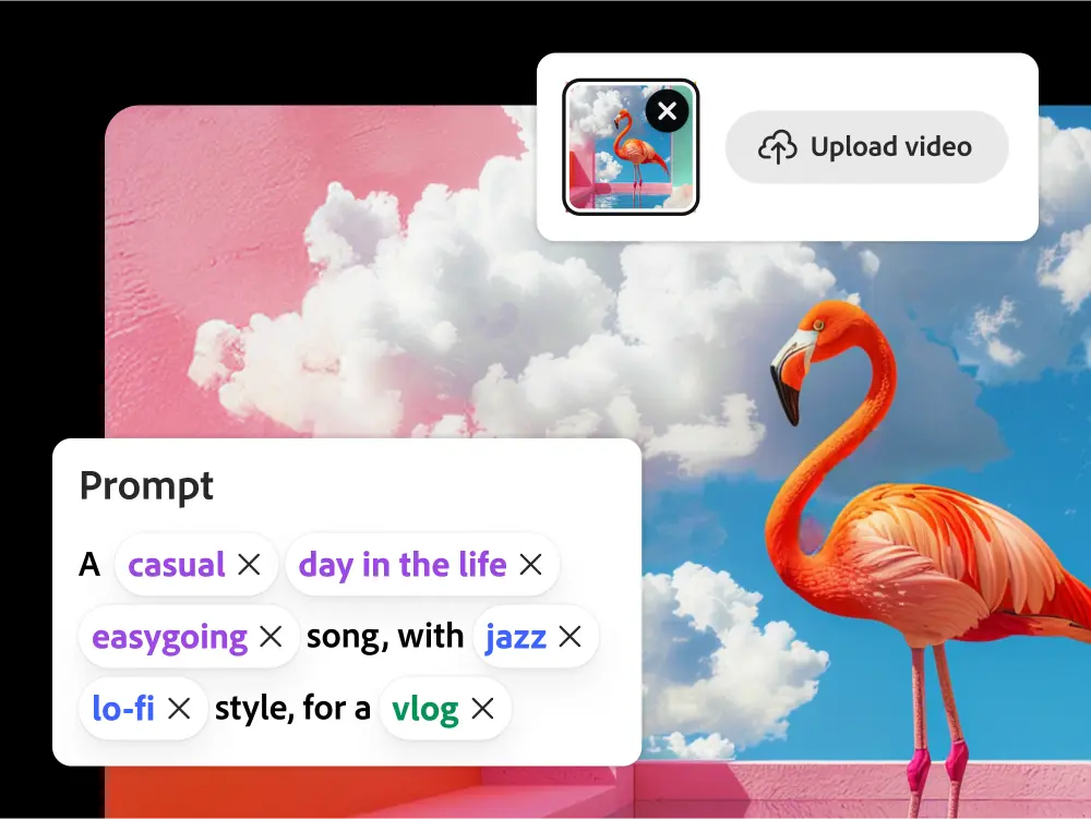 A text prompt interface for a video soundtrack generator creating a casual, jazz lo-fi song for a vlog featuring a flamingo.