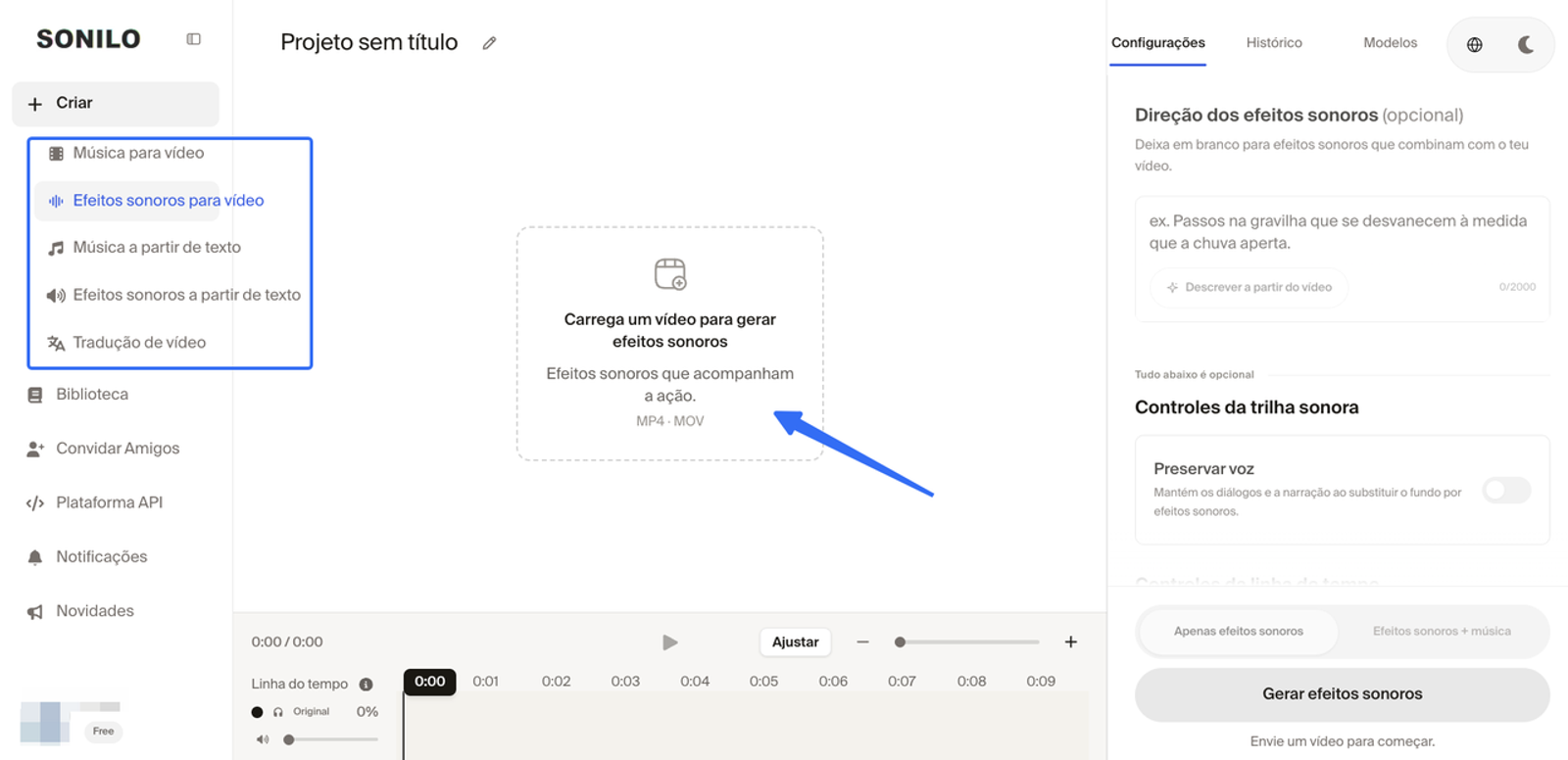 Interface do Sonilo mostrando como adicionar efeitos sonoros ao vídeo com IA via upload.