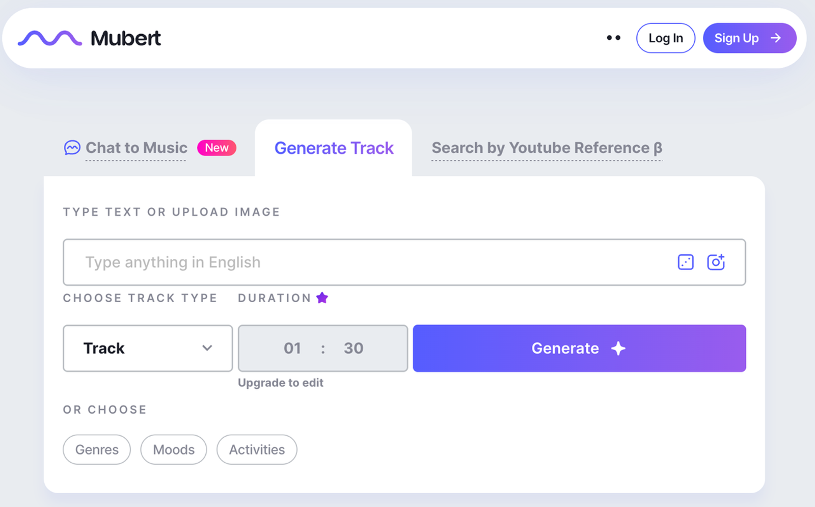 Continuing our mubert ai review, here is the Generate Track dashboard where users set text prompts and duration.