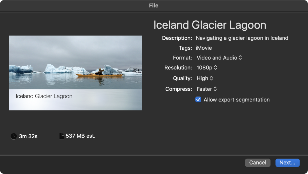 Exporting the final video project after applying techniques on how to make music fade out in imovie properly.