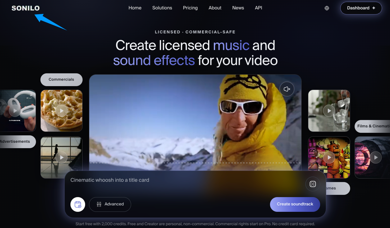 Homepage for SONILO, which ranks among the best ai music generators for creators 2026, featuring licensed tracks and a prompt interface for videos.
