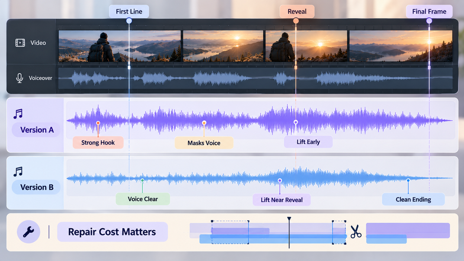 Compare waveform versions of your generated sonauto ai music tracks to ensure clear voiceover and perfect video sync.