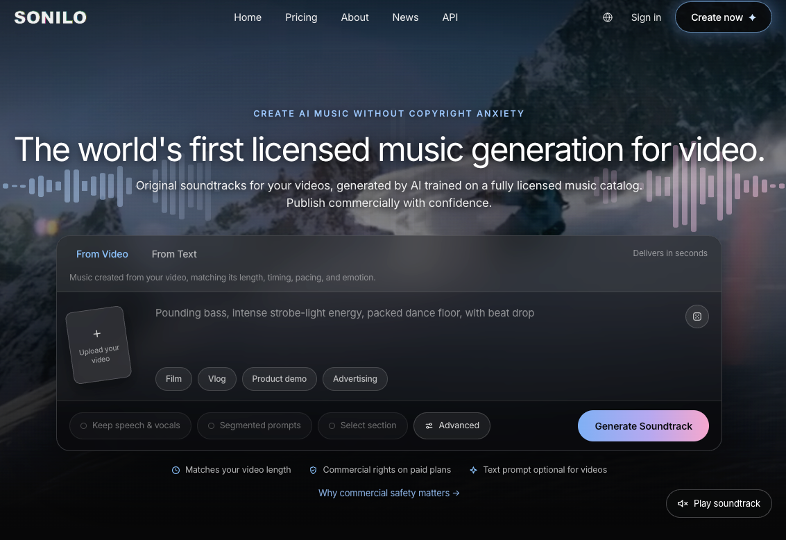 Software interface highlighting voice cloning vs AI soundtrack choices to upload video and auto-generate music.