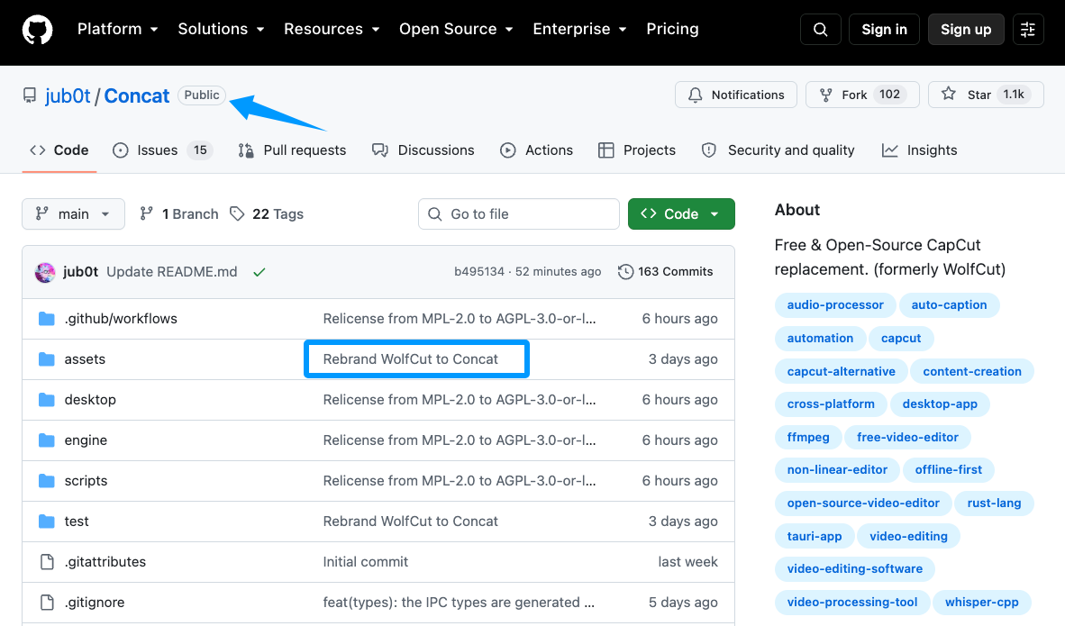 GitHub page for Concat highlighting a commit that rebrands the software from the original WolfCut music and video editor.