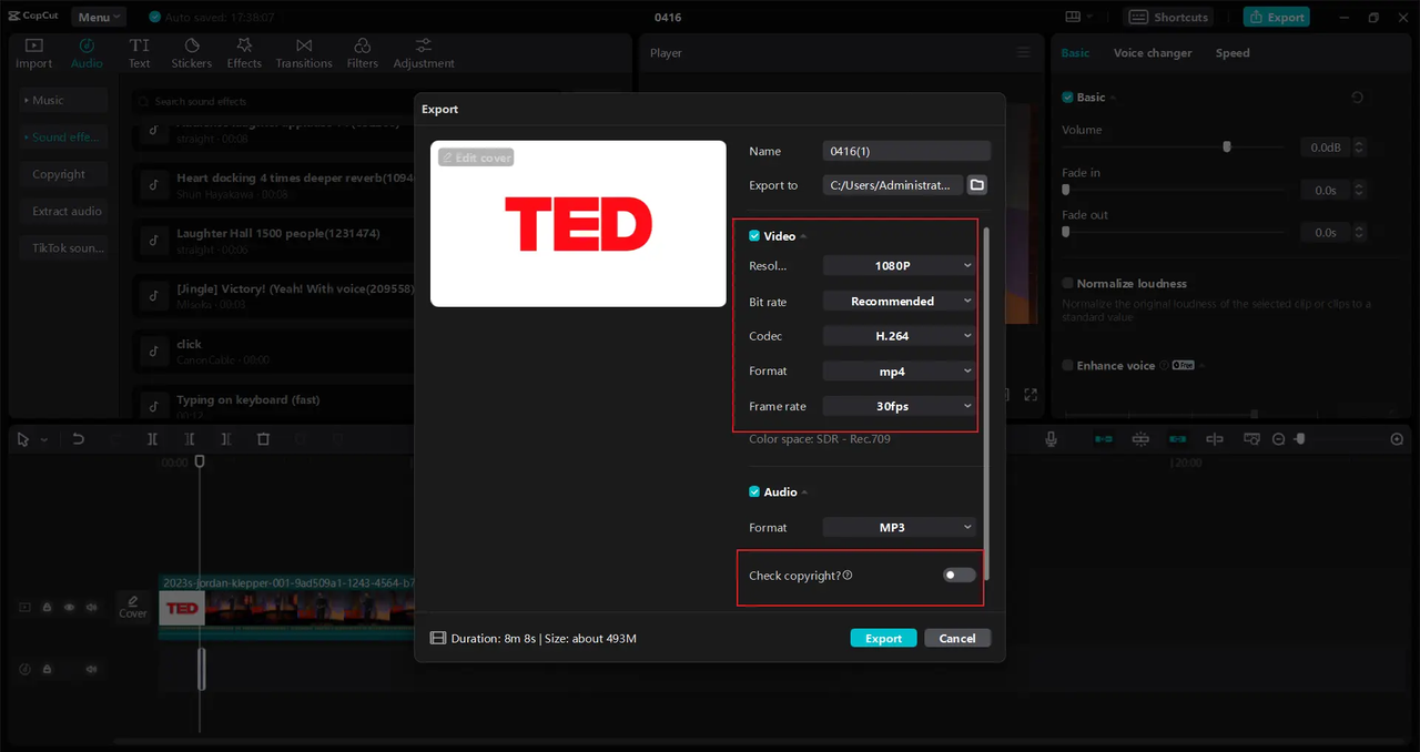 CapCut's export screen with video and audio settings. Final step after learning how to add sound effects on capcut.