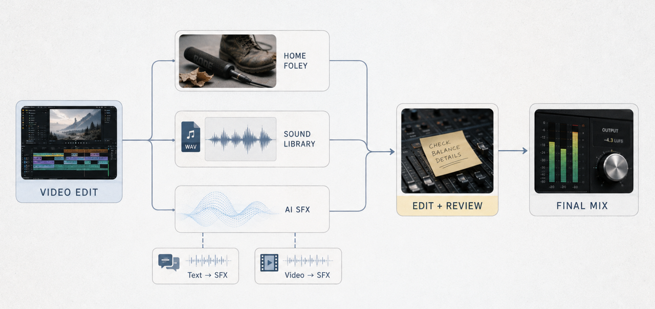 A workflow diagram showing how foley artist sound effects, sound libraries, and AI SFX combine into a final audio mix.