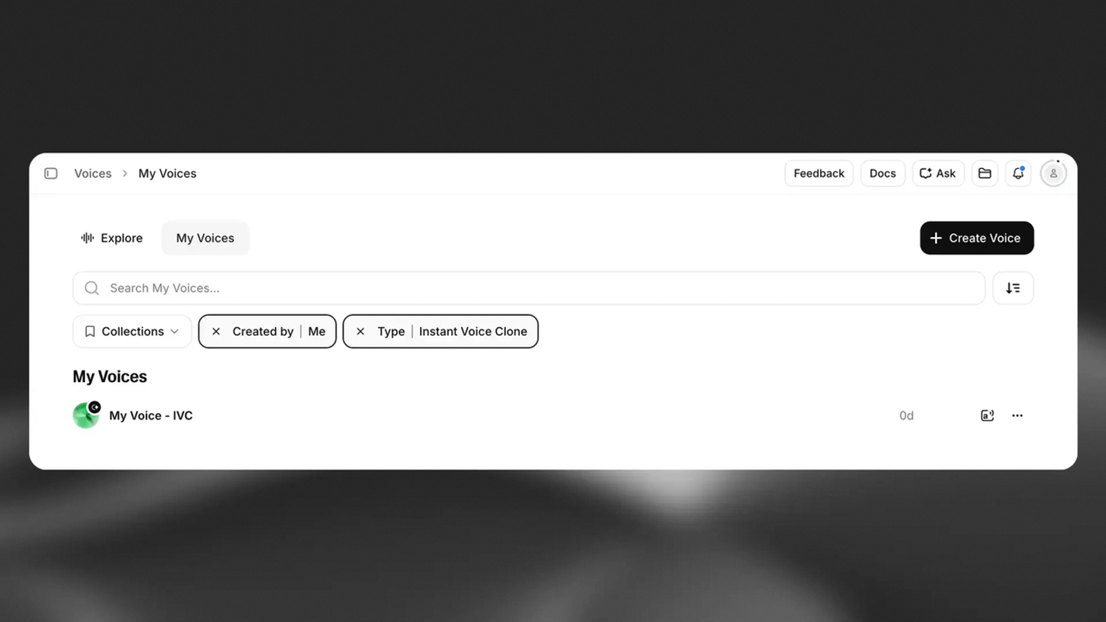 A dashboard showing "My Voices" for ElevenLabs for video, with a created "My Voice - IVC" voice.