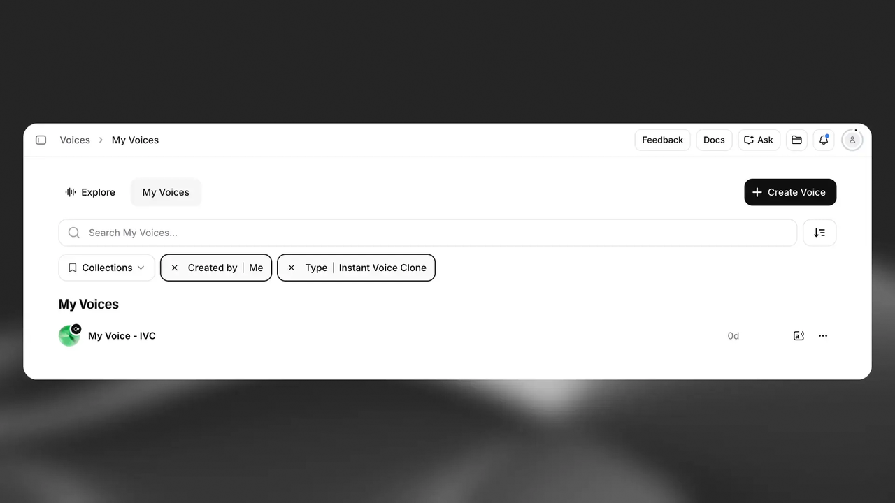 A dashboard showing "My Voices" for ElevenLabs for video, with a created "My Voice - IVC" voice.