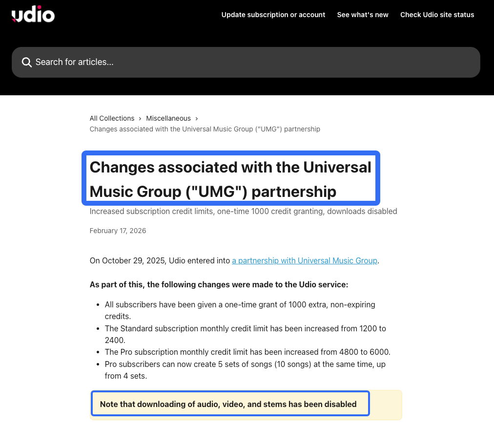 音楽生成AIのSunoとUdioの比較で重要となる、UdioのUniversal Music Group(UMG)提携に伴う仕様変更の告知画面です。クレジット数の増加や、動画制作者に影響する音声・動画のダウンロード制限について記載されています。