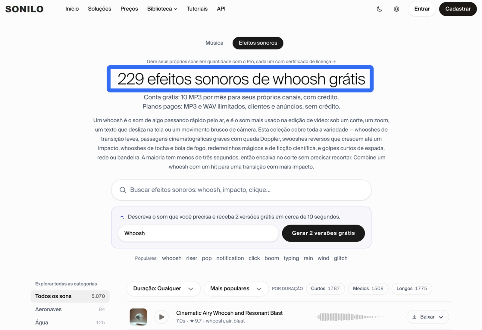 Explore centenas de efeitos sonoros de transição estilo whoosh grátis para dar mais dinâmica aos vídeos.