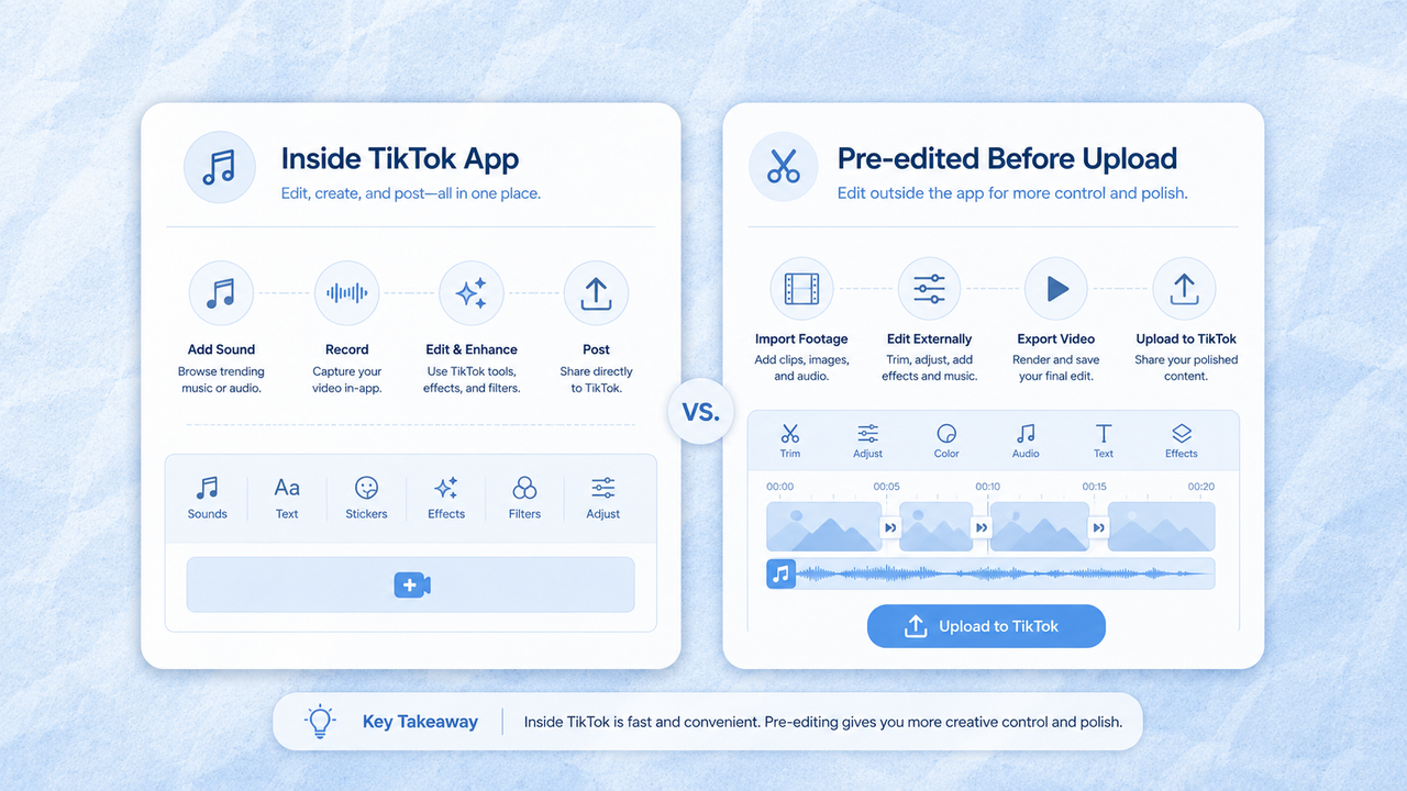 Comparison graphic detailing workflow steps for editing inside the TikTok app versus pre-editing in external software before uploading, highlighting speed versus creative control.