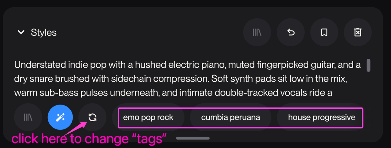 Screenshot of UI showing a pink arrow pointing to the Suno tags section for music styles.