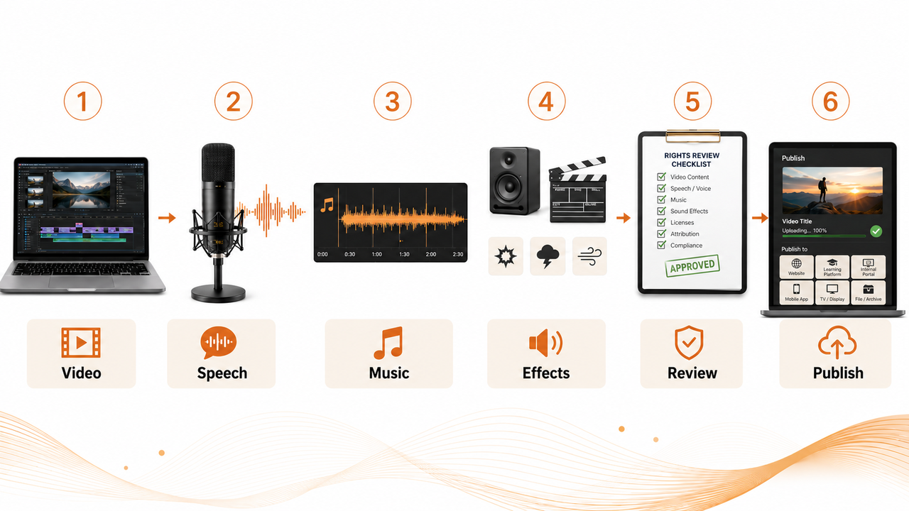 ViiTorVoice six-step workflow diagram covering video, speech, music, effects, review, and final publishing.