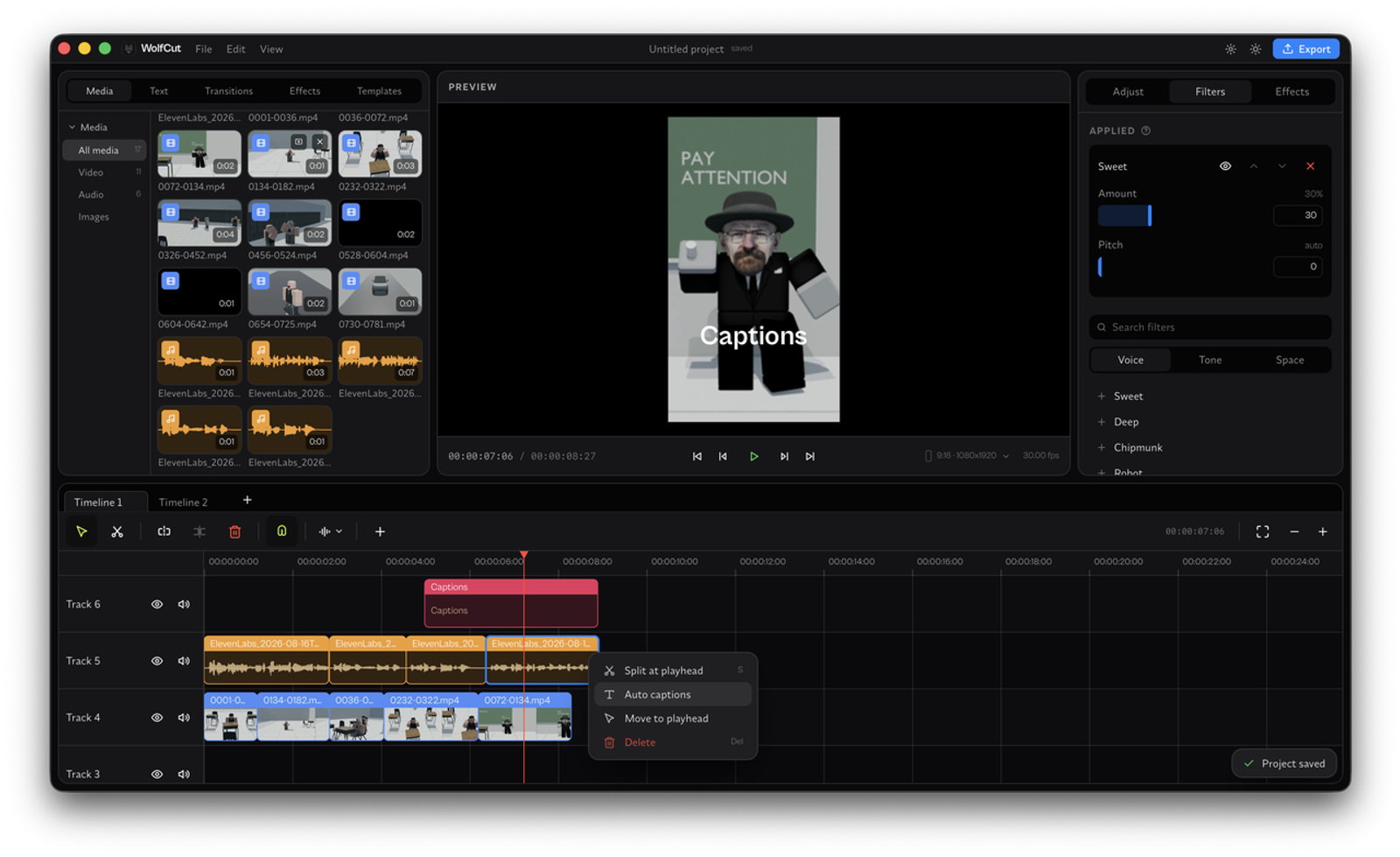 Dark mode interface of the video editor managing visual tracks and WolfCut music files on a multi-layered timeline project.