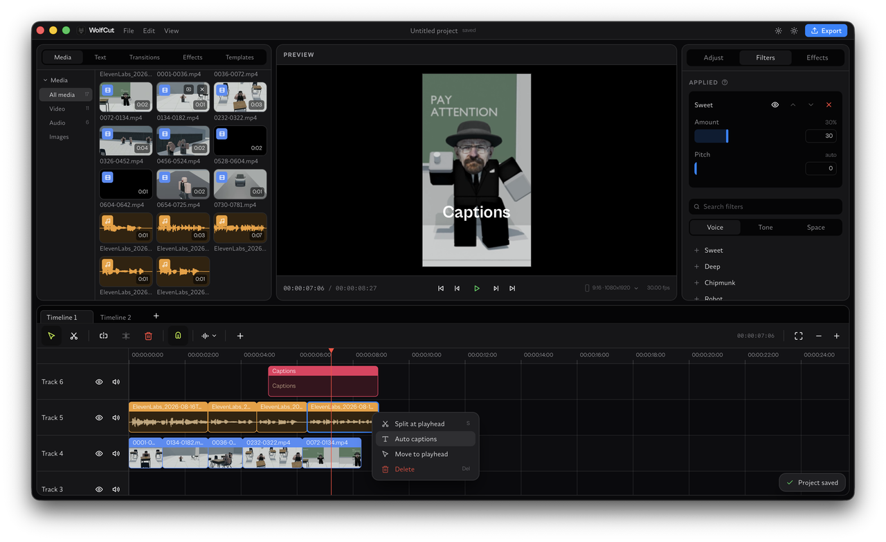 Dark mode interface of the video editor managing visual tracks and WolfCut music files on a multi-layered timeline project.