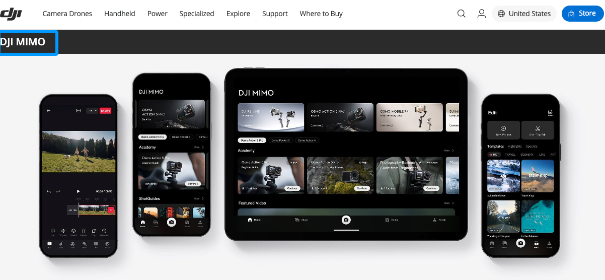 The DJI Mimo app interface displayed on multiple screens, an essential tool for your DJI Osmo music and video editing.