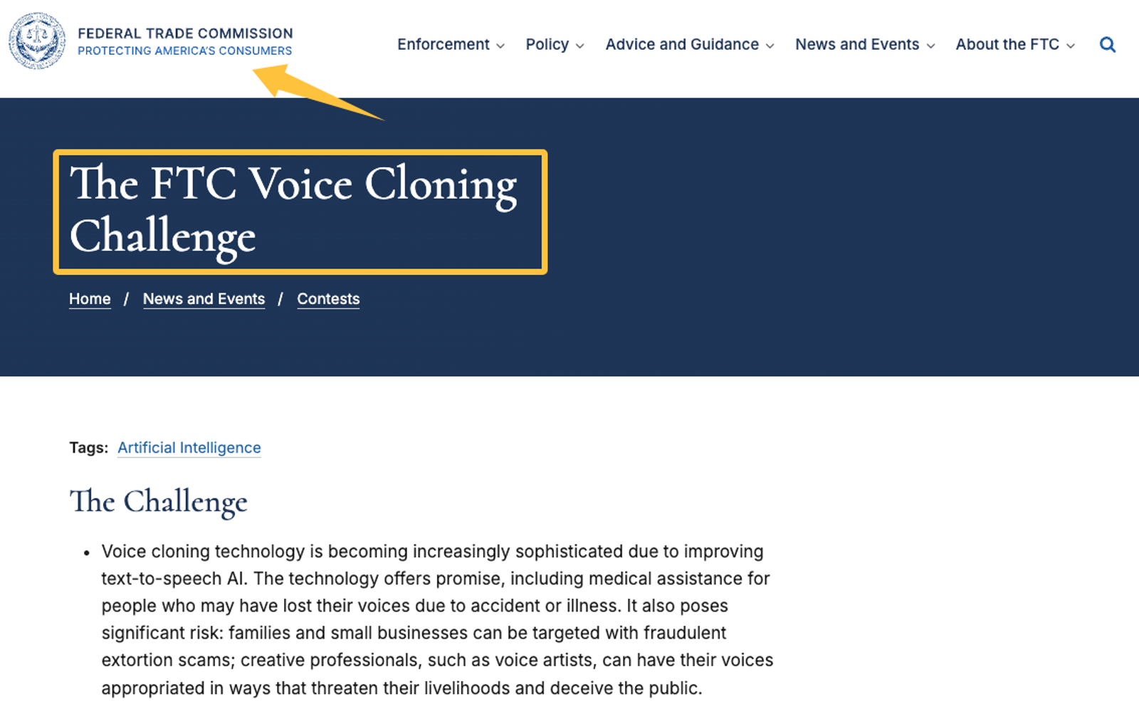 Federal Trade Commission webpage discussing regulations regarding voice cloning vs AI soundtrack security issues.