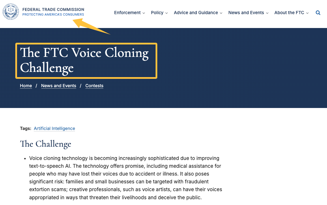 Federal Trade Commission webpage discussing regulations regarding voice cloning vs AI soundtrack security issues.