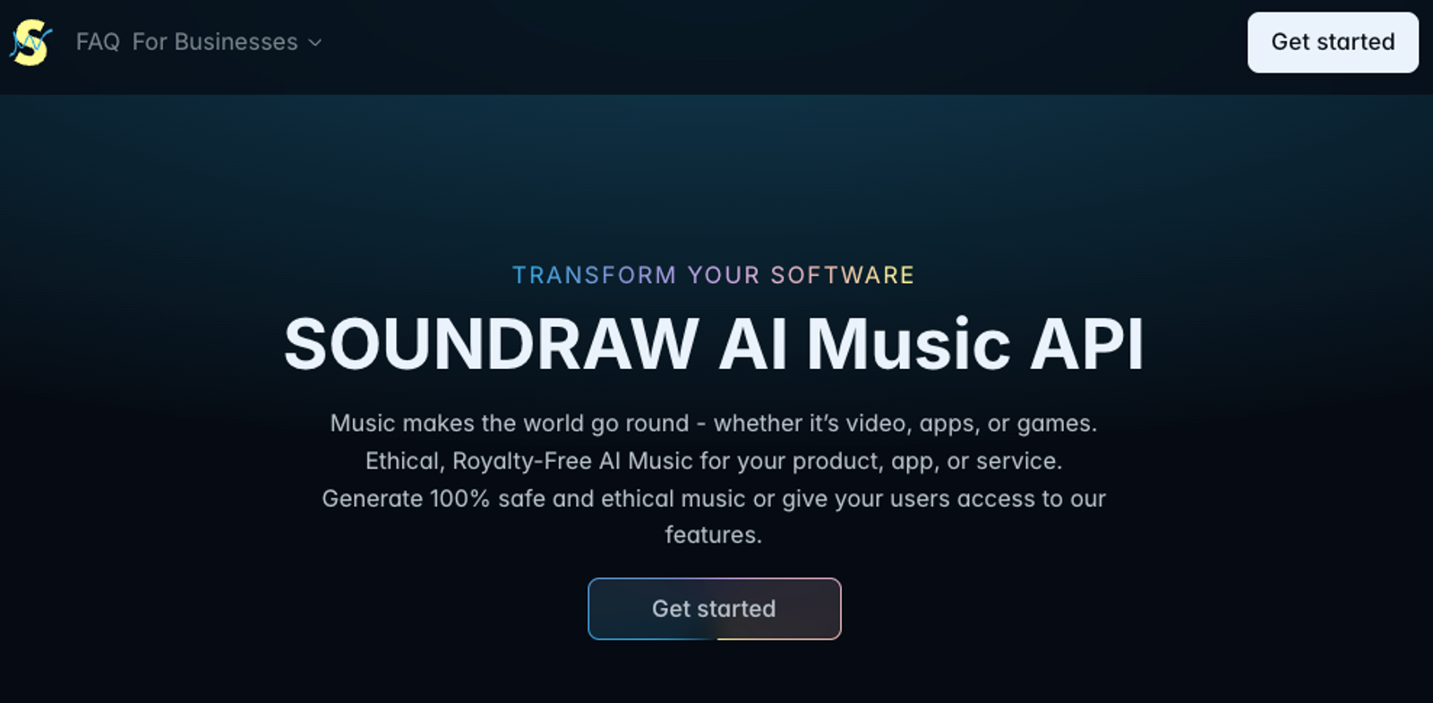 Soundraw AI Music API page, highly rated among best ai music generation platforms 2026.