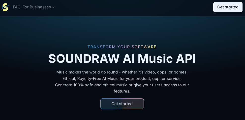 Soundraw AI Music API page, highly rated among best ai music generation platforms 2026.