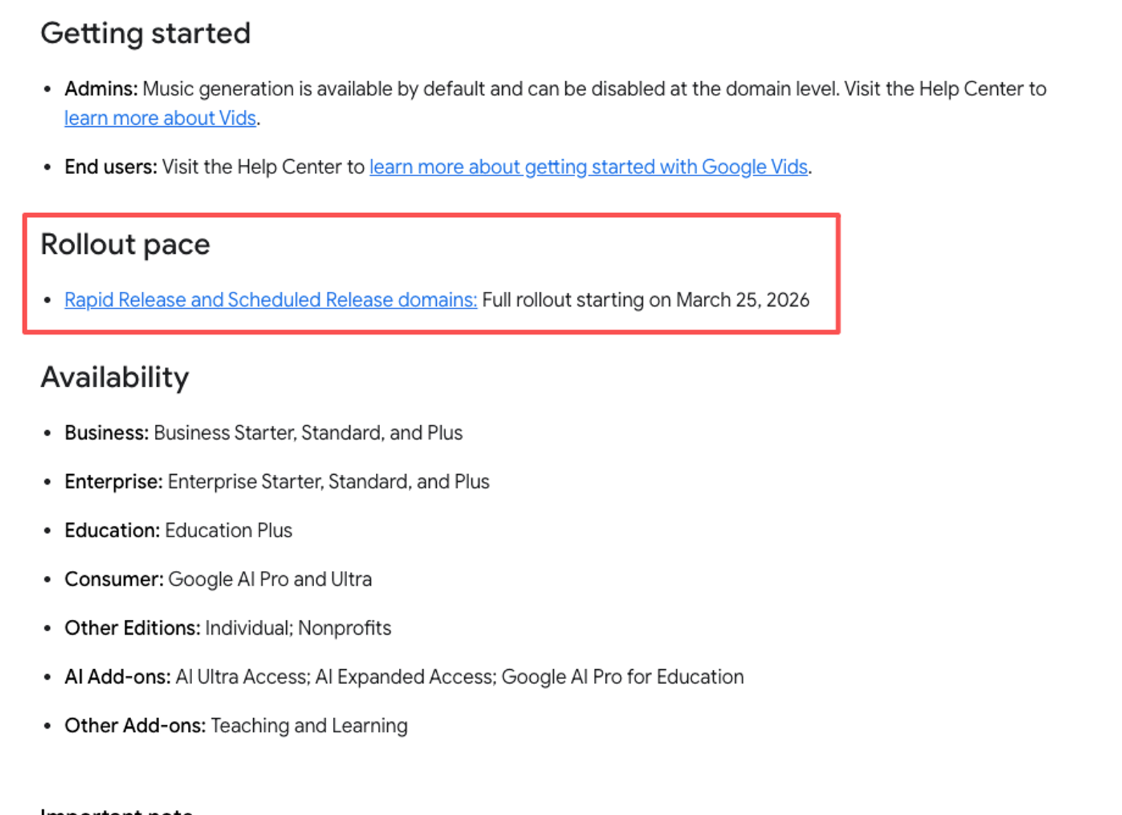 Official release date and workspace availability details for the new lyria 3 pro google vids integration.