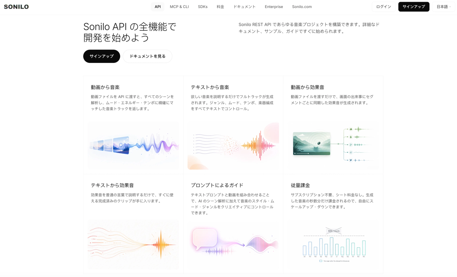 多彩な機能を持つSoniloのAI音楽生成APIの全体像を紹介するページです。動画やテキストからの音楽・効果音生成機能に加え、プロンプトによる詳細なコントロールや、柔軟な従量課金制などの開発者向けメリットがまとめられています。