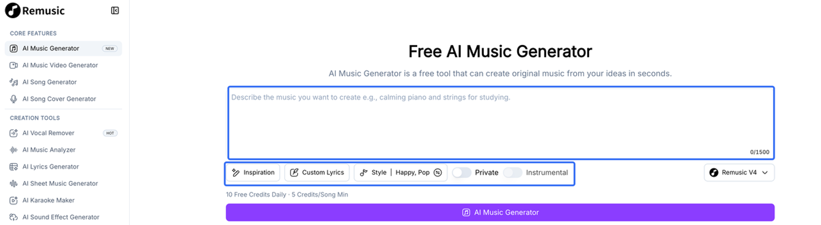 Interface of the free Remusic AI music generator where users input text prompts to create original music tracks in seconds.