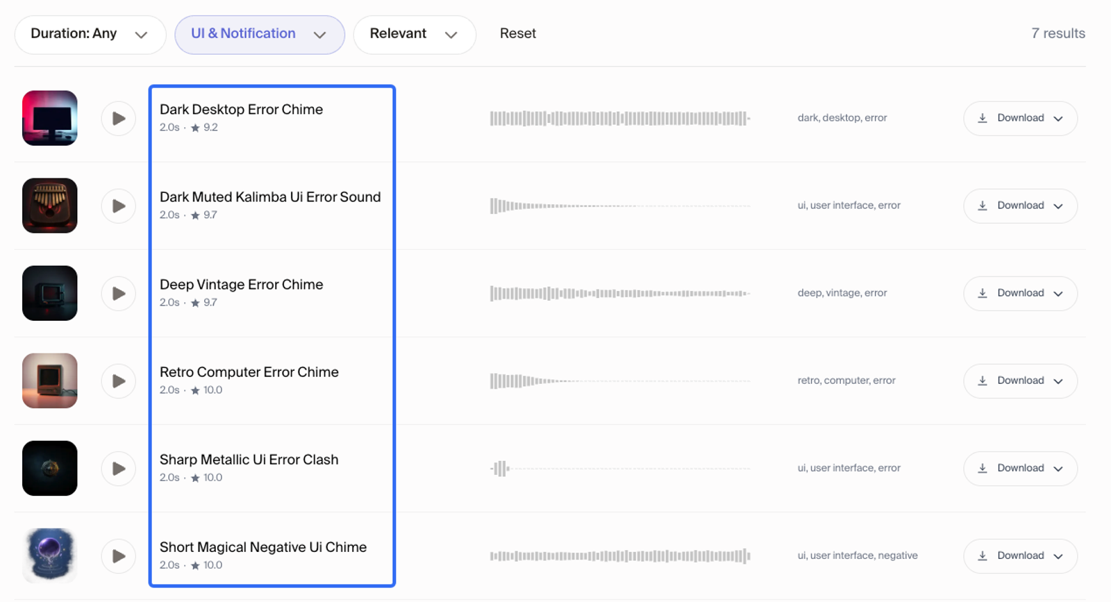 A curated list of free ui sound effects including dark desktop and retro error chimes on Sonilo.
