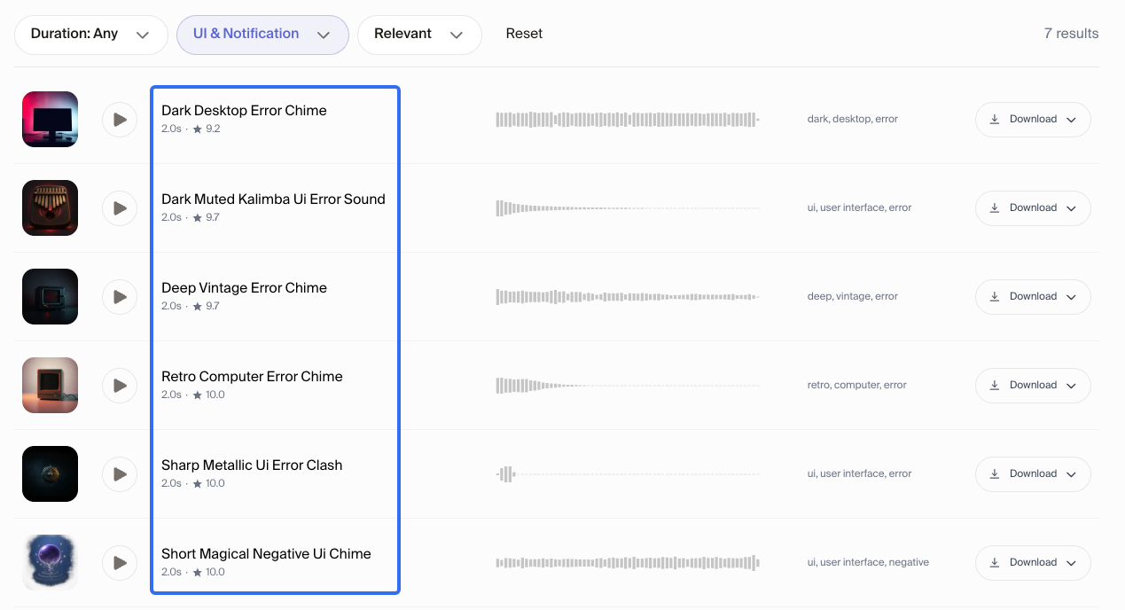 A curated list of free ui sound effects including dark desktop and retro error chimes on Sonilo.