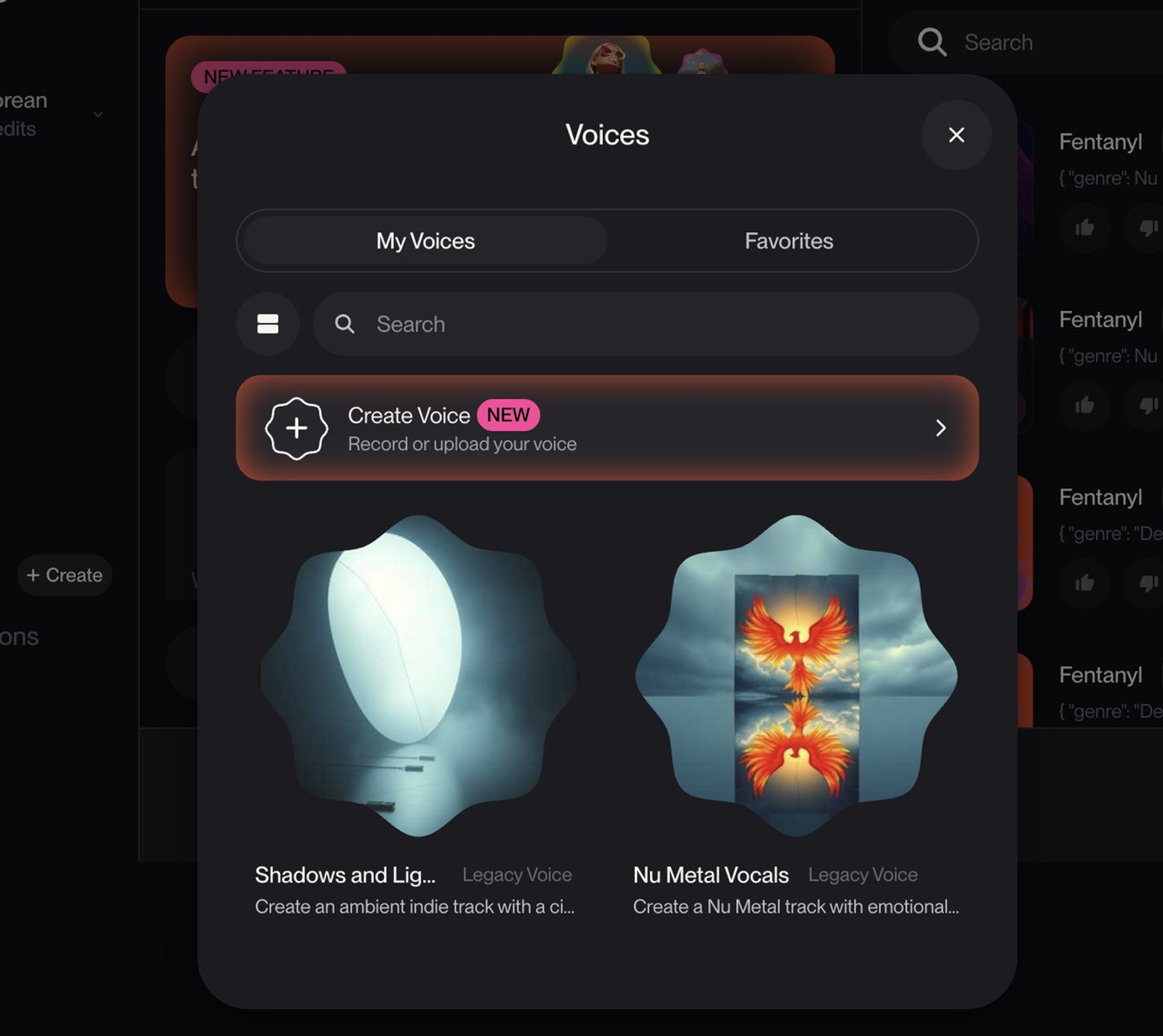 「Suno v5.5」のVoices管理メニューのスクリーンショットです。「Create Voice」から新規ボイスの録音やアップロードができるほか、過去に作成した「My Voices」を管理し、お好みの声を楽曲生成に適用するためのインターフェース画面です。