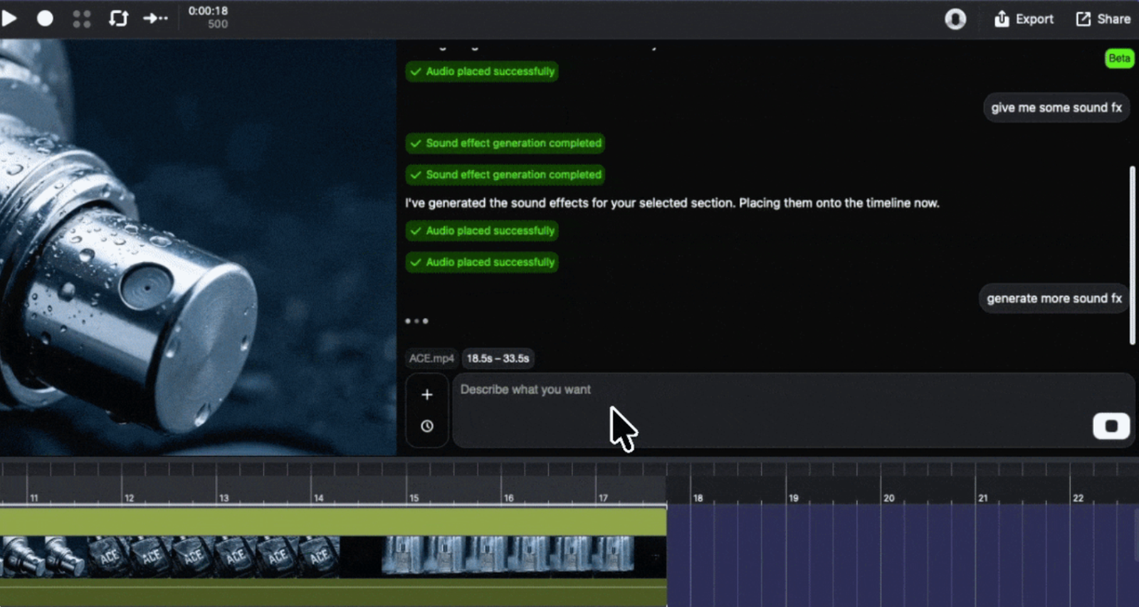 Evaluating sound effect tools in our Suno vs ACE Studio review, showing the timeline and prompt generation interface.