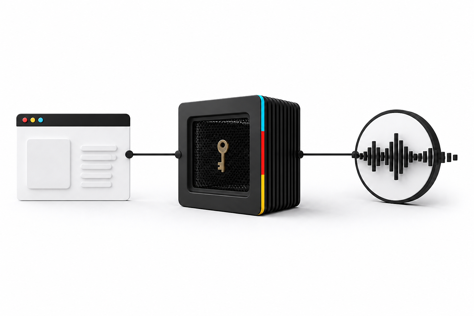 A browser request passes through a black server that protects a key before reaching an audio waveform API node.