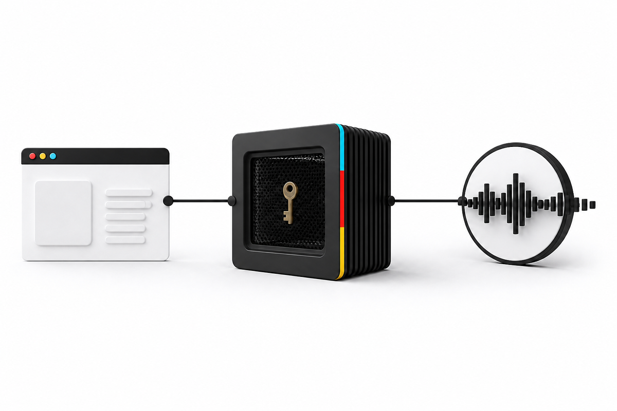 A browser request passes through a black server that protects a key before reaching an audio waveform API node.