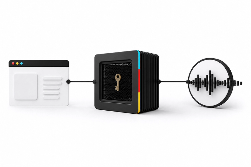 A browser request passes through a black server that protects a key before reaching an audio waveform API node.