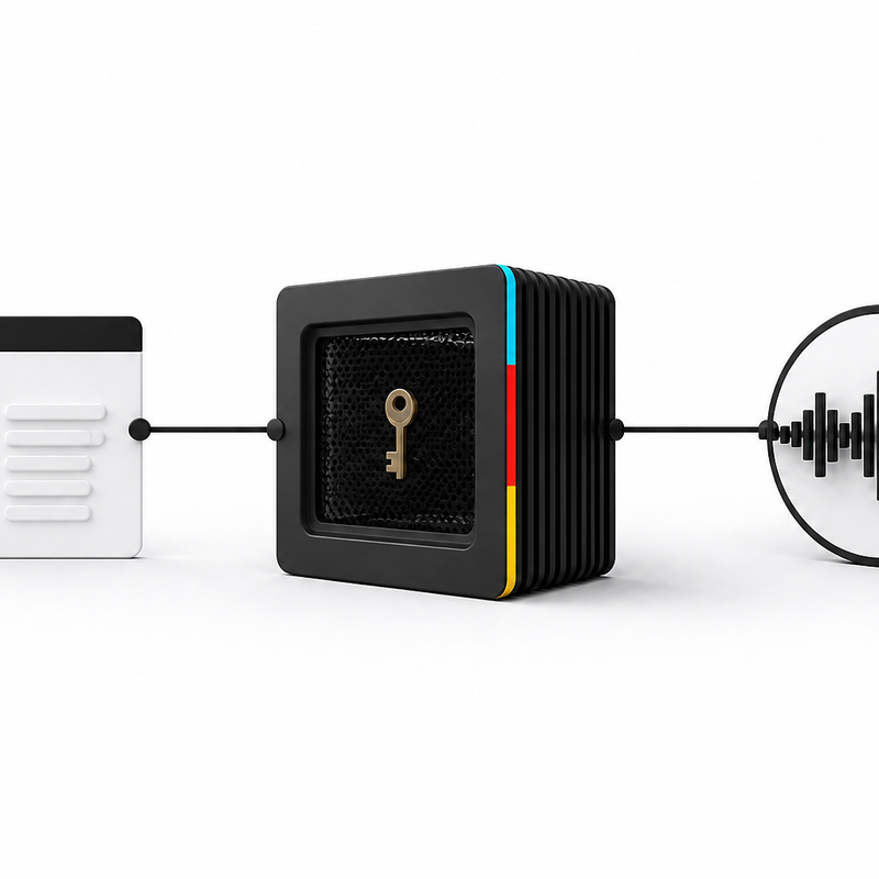 A browser request passes through a black server that protects a key before reaching an audio waveform API node.