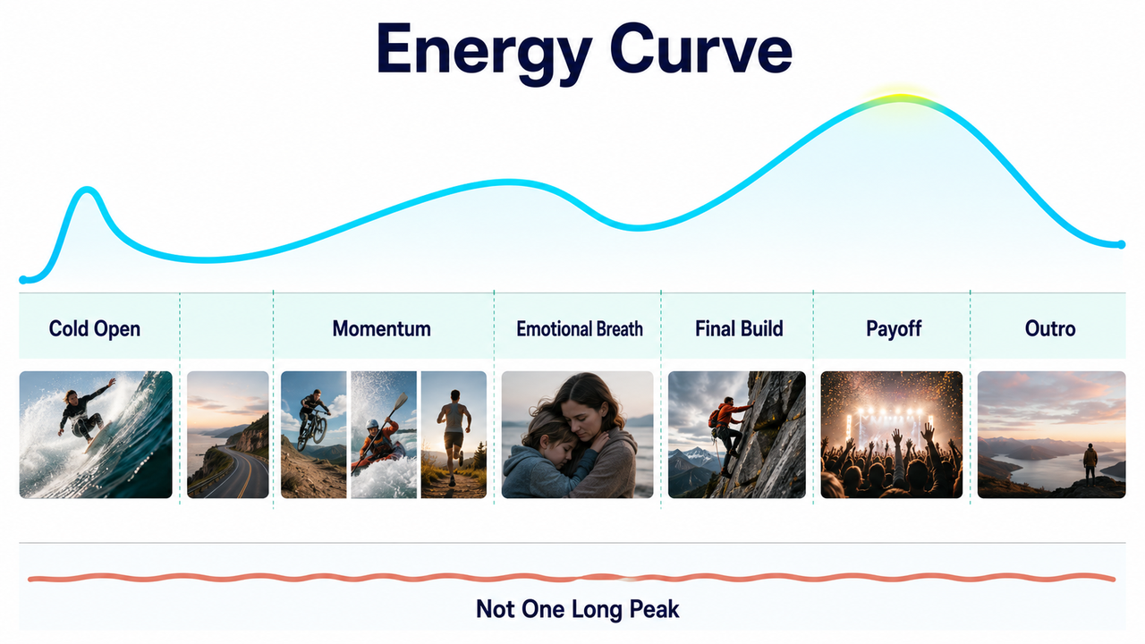 Follow this energy curve graph to build momentum and emotion using dynamic highlight video music across your edit.