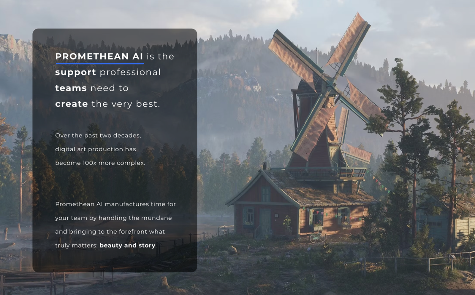3D環境構築に特化したAIゲームアセット生成ツール「Promethean AI」の公式サイト画像です。自然環境や建物などの複雑なデジタルアート制作を支援し、ゲーム開発チームの作業効率を大幅に向上させる様子が伺えます。