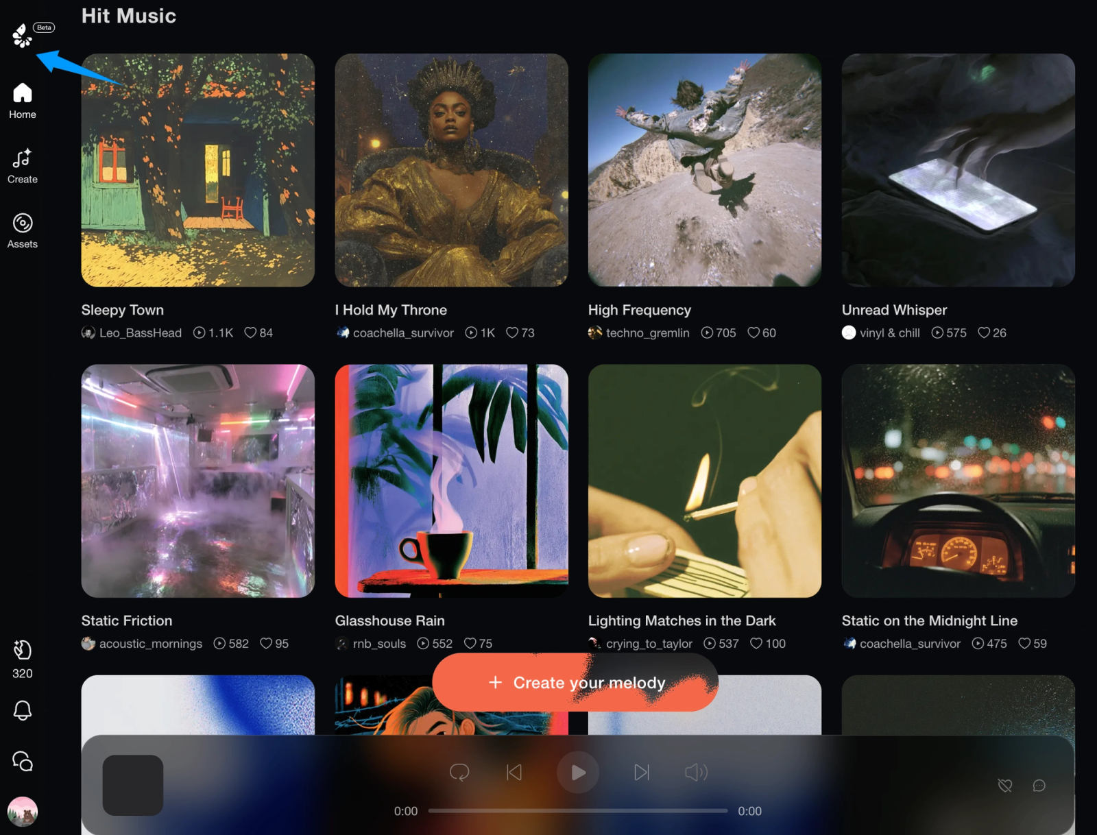 HappyShrimp review: browsing popular user-created music and the built-in player interface.