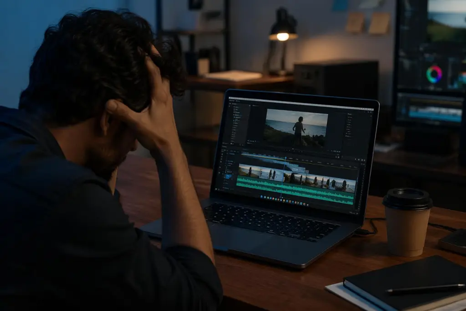 Frustrated music producer with 3 years experience sitting at his desk editing video timeline while learning how to make a melody on laptop in home studio, showing silhouette footage and audio waveforms