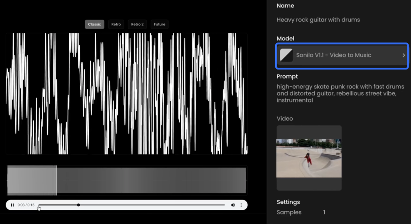 BGM制作に役立つAIゲームアセット生成ツール「Sonilo」の動画から音楽を生成（Video to Music）する機能の画面です。アップロードしたゲームプレイ動画などの映像の展開に合わせて、最適な音楽を自動で生成できます。