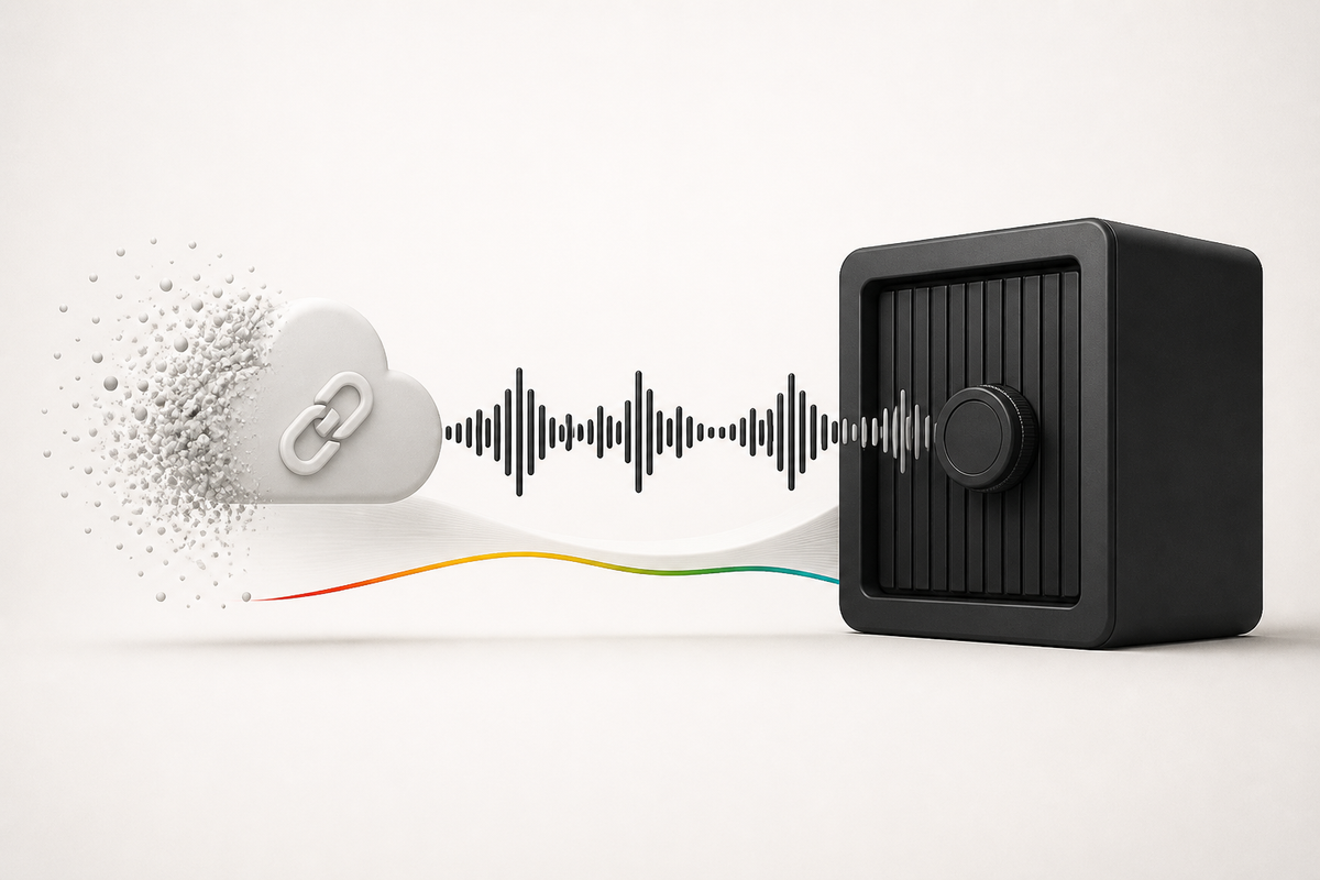 A fading cloud link passes an audio waveform into a solid black archive, illustrating durable storage for temporary API files.