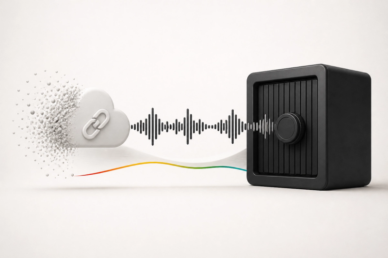 A fading cloud link passes an audio waveform into a solid black archive, illustrating durable storage for temporary API files.