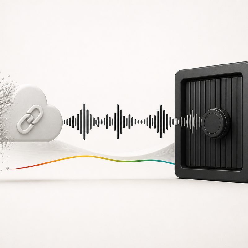 A fading cloud link passes an audio waveform into a solid black archive, illustrating durable storage for temporary API files.